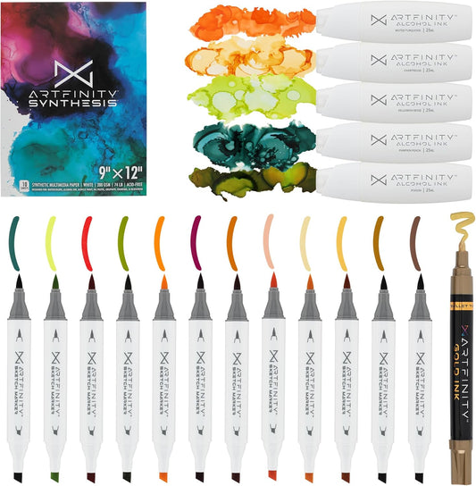 Alcohol Ink - Peaches Set, 19 Pieces | 10 Sheets 9x12 Multimedia Paper | Fast-Drying, Permanent, Transparent Alcohol Inks for Gloss Paper, Glass, Metal | 25 ml Bottles, Dual Tip Pens