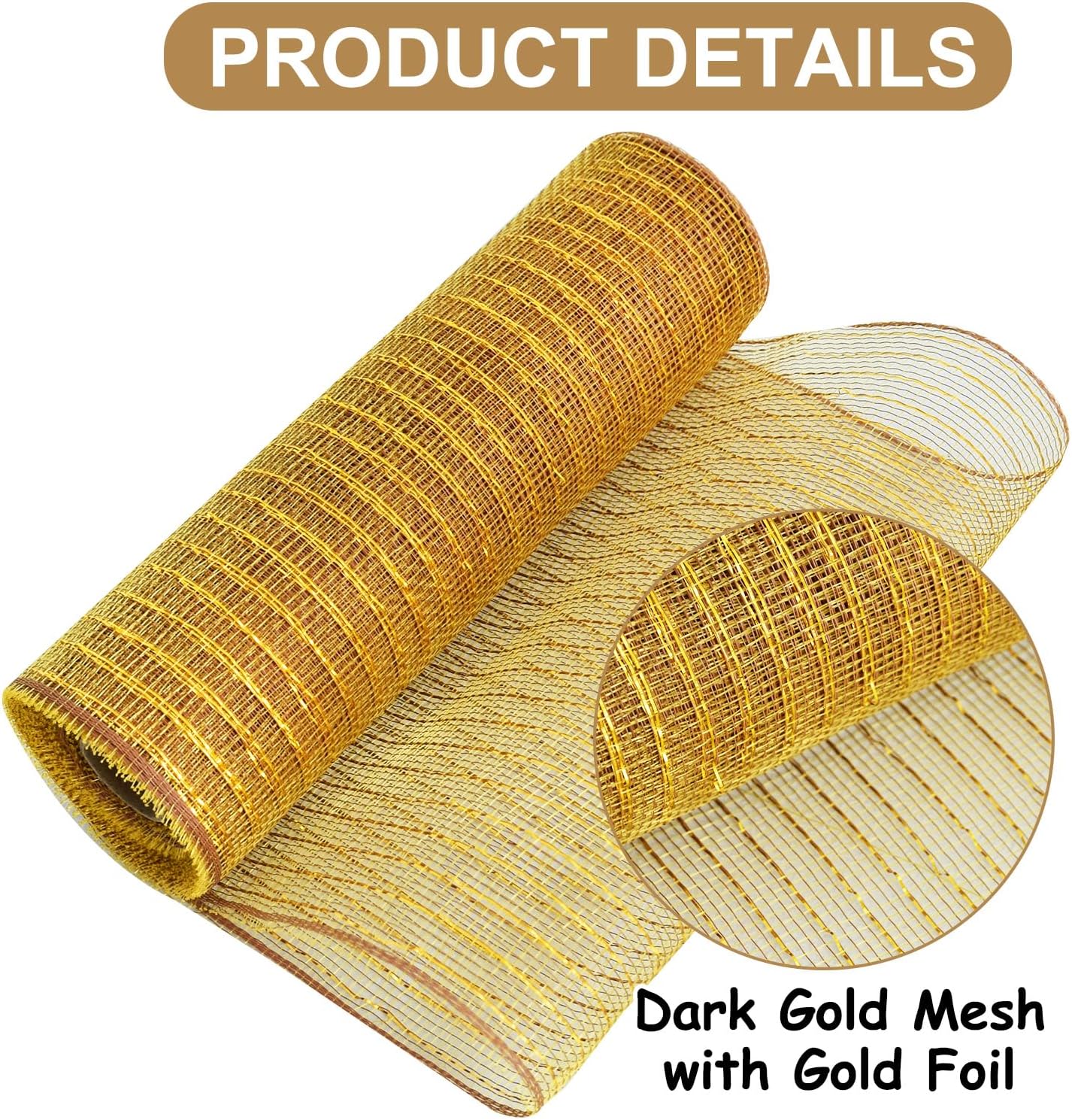 TONIFUL 2 Rolls 10 Inch Dark Gold Decorative Mesh Ribbbon Rolls, Fabric Mesh with Foil for Wreath Supplies, Front Door Wreath Crafts Tree Decor Christmas NewYears Halloween Decoration (10 yds/roll)
