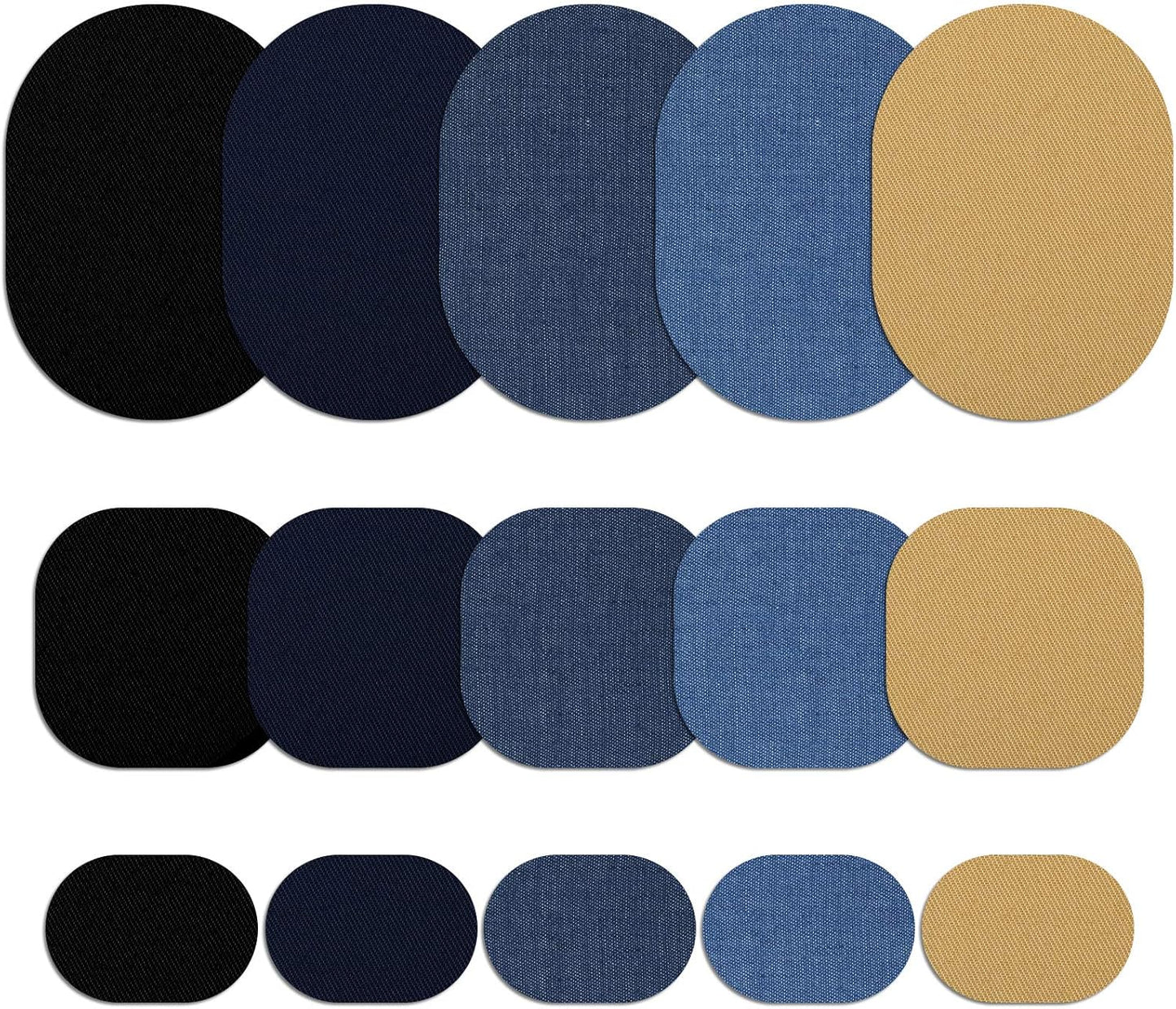 30 Pieces Iron on Fabric Patches Fabric Repair Patches Twill Clothing Repair Patch Kit for Jacket Clothes, 3 Sizes, 5 Colors (Black, Navy Blue, Dark Denim, Light Denim, Khaki)