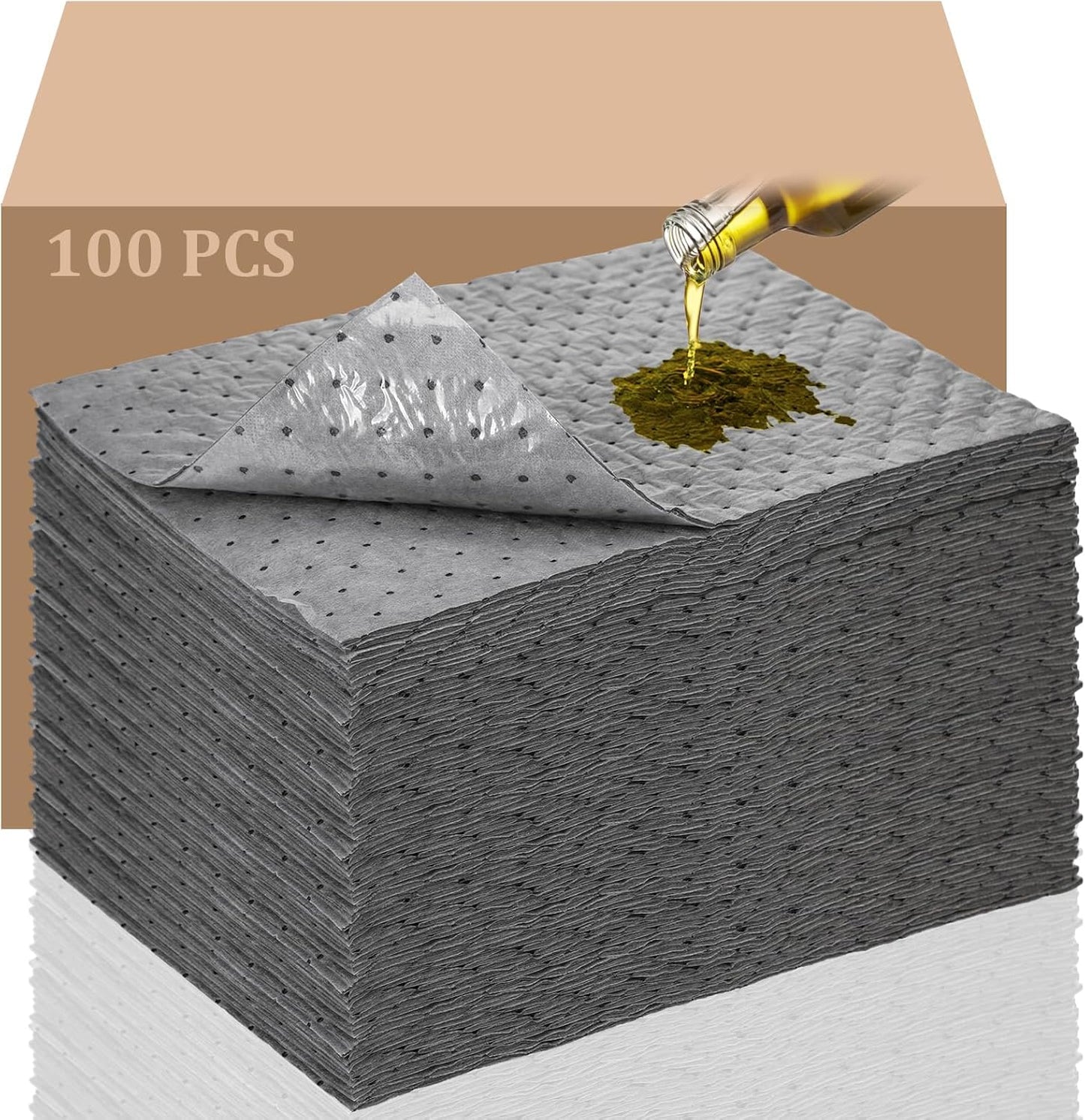 Sawysine 100 Pcs Adhesive-Backed Oil Absorbent Pads 13" x 10" Non-Slip Oil Absorbing Mats Gray Water Absorbent Mat for Garage Accessories Kitchen Basement Supplies