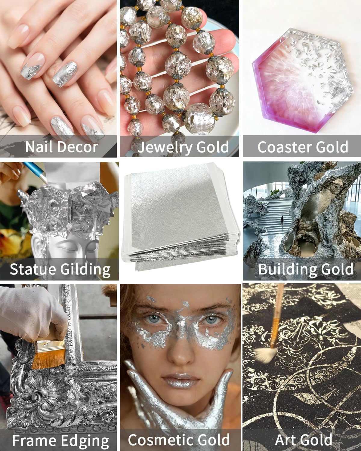 Luckymica Gold Leaf Sheets, 100 Pcs Adequate Gold Foil Sheets for Arts, Crafts, Decoration, Gilding, Paints, DIY, 5.5" x 5.5", Silver