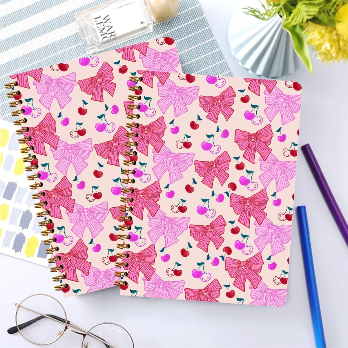 2 PCs Coquette Pink Bows Cherry Journaling Notebooks Trendy Preppy Spiral Notebook Aesthetic Design Gifts for Women Girls Note Books Journals for Writing Hardcover Notebook Office Classroom Supplies