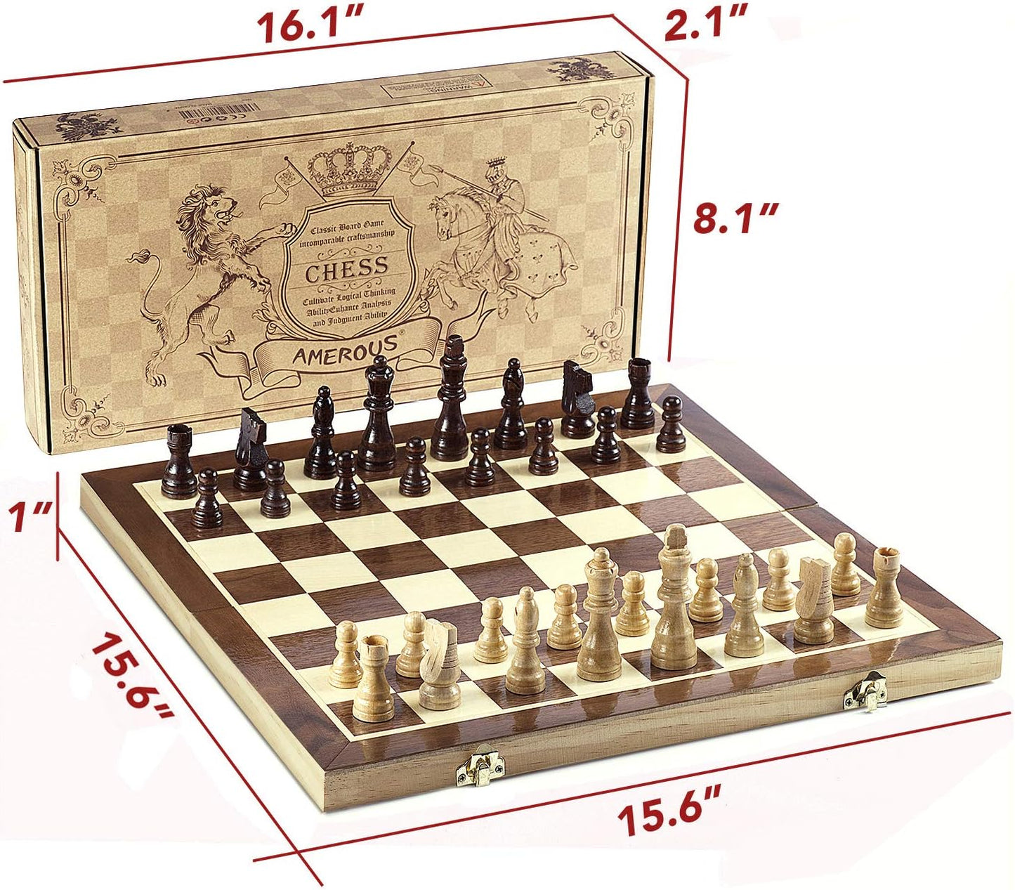 AMEROUS Chess Set, 15"x15" Folding Magnetic Wooden Standard Chess Game Board Set with Wooden Crafted Pieces and Chessmen Storage Slots