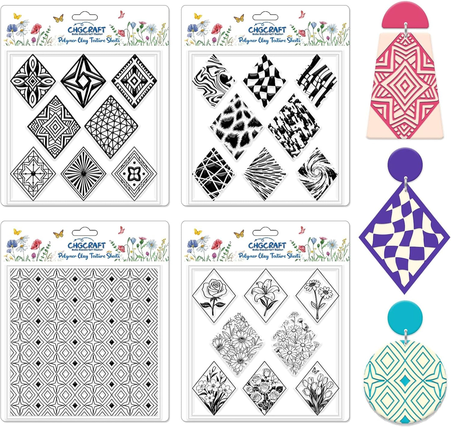 CHGCRAFT 4 Pcs Rhombus Pattern Polymer Clay Texture Sheets Abstract Art Silicone Texture Stamp Rhombus Flowers Modeling Pattern Pad Sheets for Jewelry and Earrings Tools, 5.5x5.5 inch