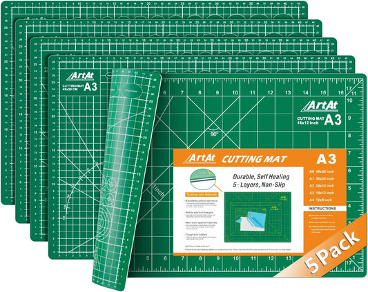 ArtAt Self Healing Cutting Mat: 【5 Pack Cutting Mat 12″x 18″】 Green Double Sided Non-Slip 5 Layers PVC Durable Craft Sewing A3 Mat for Rotary Cutter