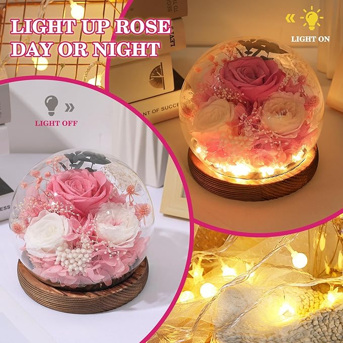FIACO Valentines Gifts for Her Preserved Flowers in Glass Dome Long-Lasting Eternal Roses Birthday Gifts for Women Mom Grandma Wife Girlfriend Pink Forever Flowers for Delivery Prime
