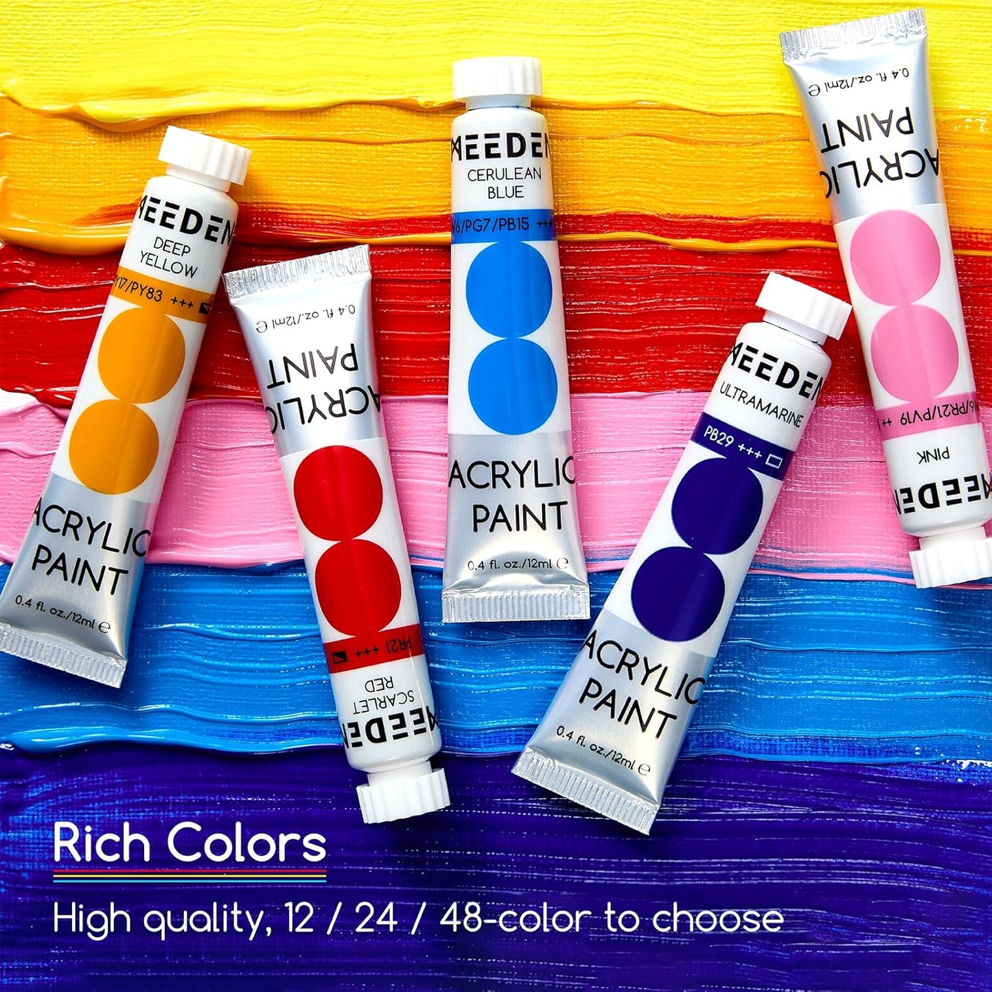 MEEDEN Beginners Acrylic Paint Set: 48 Colors 12ml/0.41 fl oz Heavy Body Starter Set - Non-toxic Rich Pigments Art Paint for Kids Adults Hobbists Painting on Canvas Wood Fabric Craft