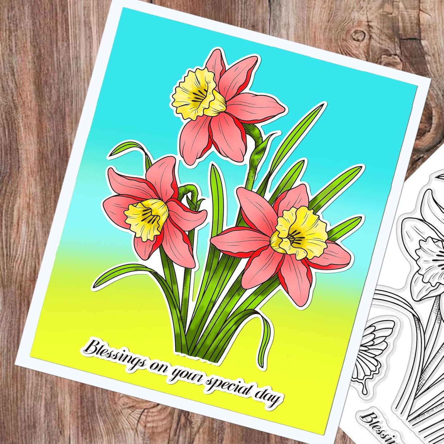 ORIGACH Realistic Daffodil Flower Stamps and Dies and Layering Coloring Stencil Set, Silicone Stamps Metal Die Cut and Flower Stencil Template for Card Making Scrapbooking DIY Crafting