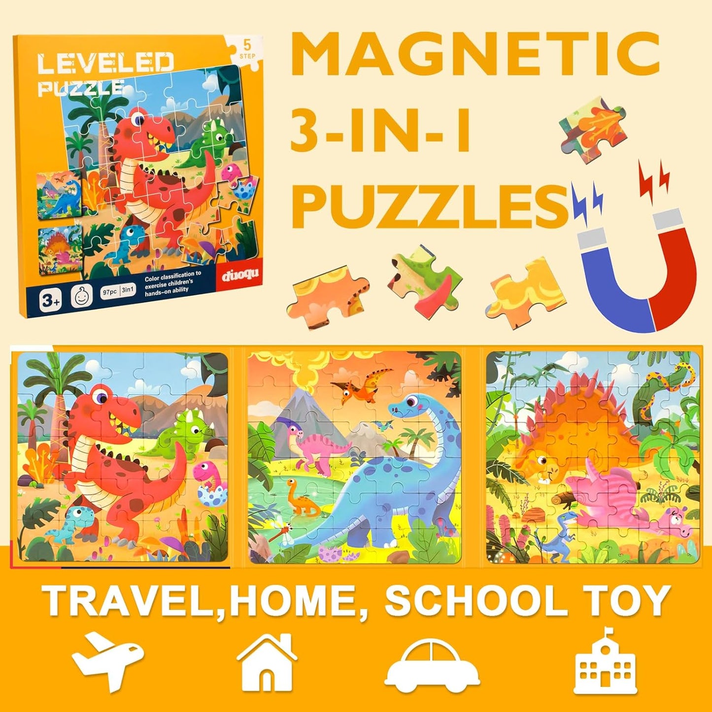 Magnetic Puzzles for Kids Ages 3-5, 3 in 1 Dinosaurs Magnetic Jigsaw Puzzle Book, Travel Puzzles Toys for Toddlers 3-8 Year (Dinosaur World)
