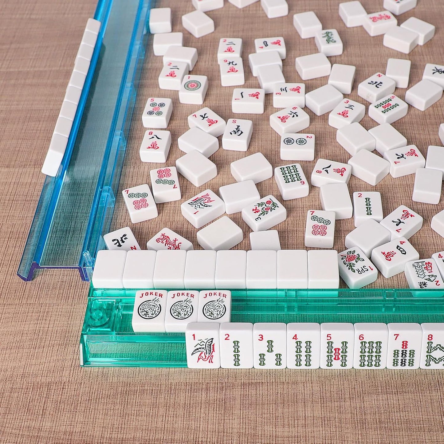 American Mahjong Game Set, 166 Light Green Tiles, Blue Bag with Entire Accessories, 4 All-in-One Rack/Pushers, Mahjong Tiles Set