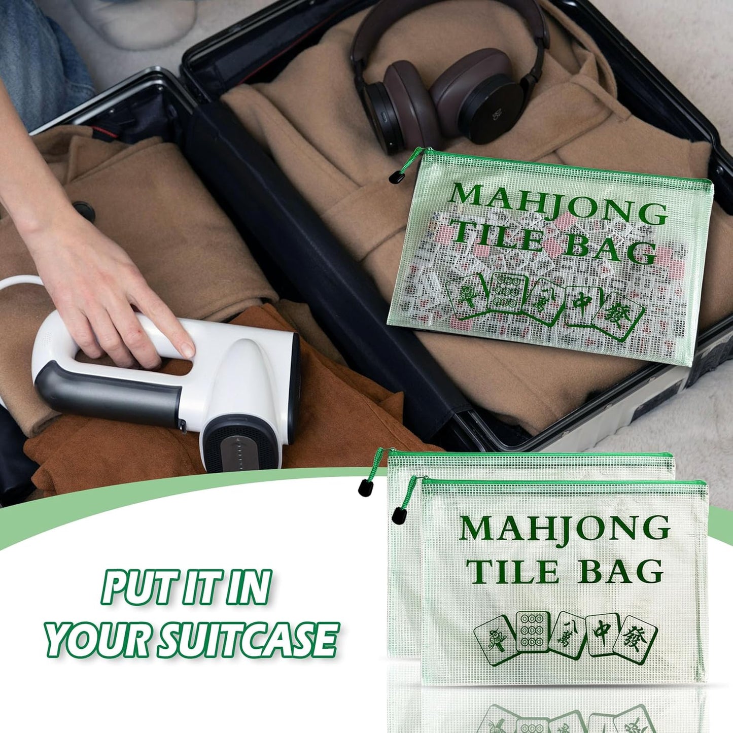 2Pack Mahjong Tile Bag, Case for American Mah Jong Set, Mahjong Gifts Accessories, Portable Card Holder Bouch, Green (Case Only)