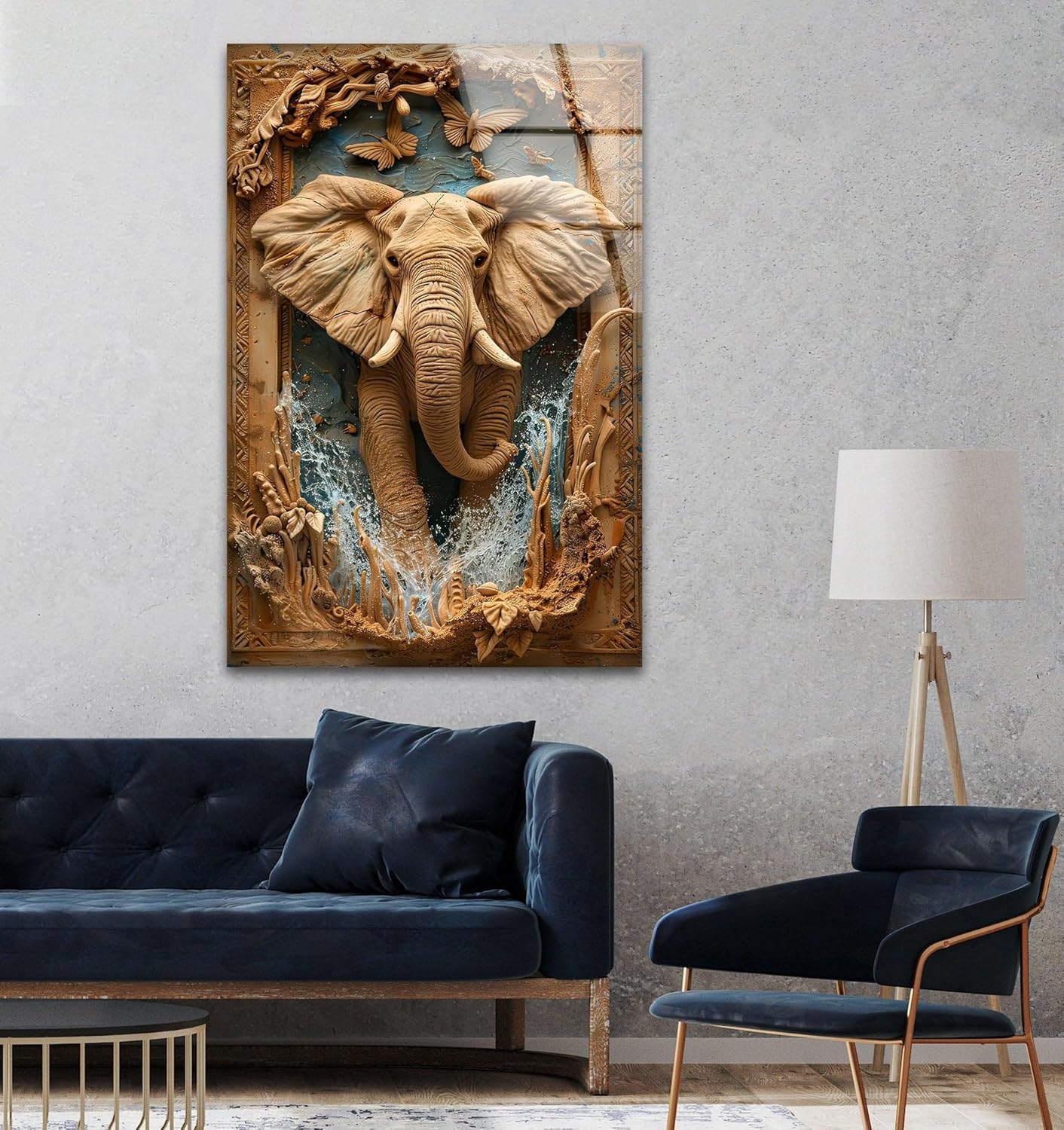 My Photostation.com 40WX60H'' Elephant Carving Glass Wall Art Tempered Glass Printing Wall Decor Large Wall Art Wall Hangings