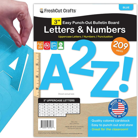 209 Pcs 3" Blue Bulletin Board Letters & Numbers, Capital Letters, Numbers, Punctuation, US Made Card Stock Punch Out Letters for Poster, Bulletin Board, Classroom - Precut Letters & Numbers