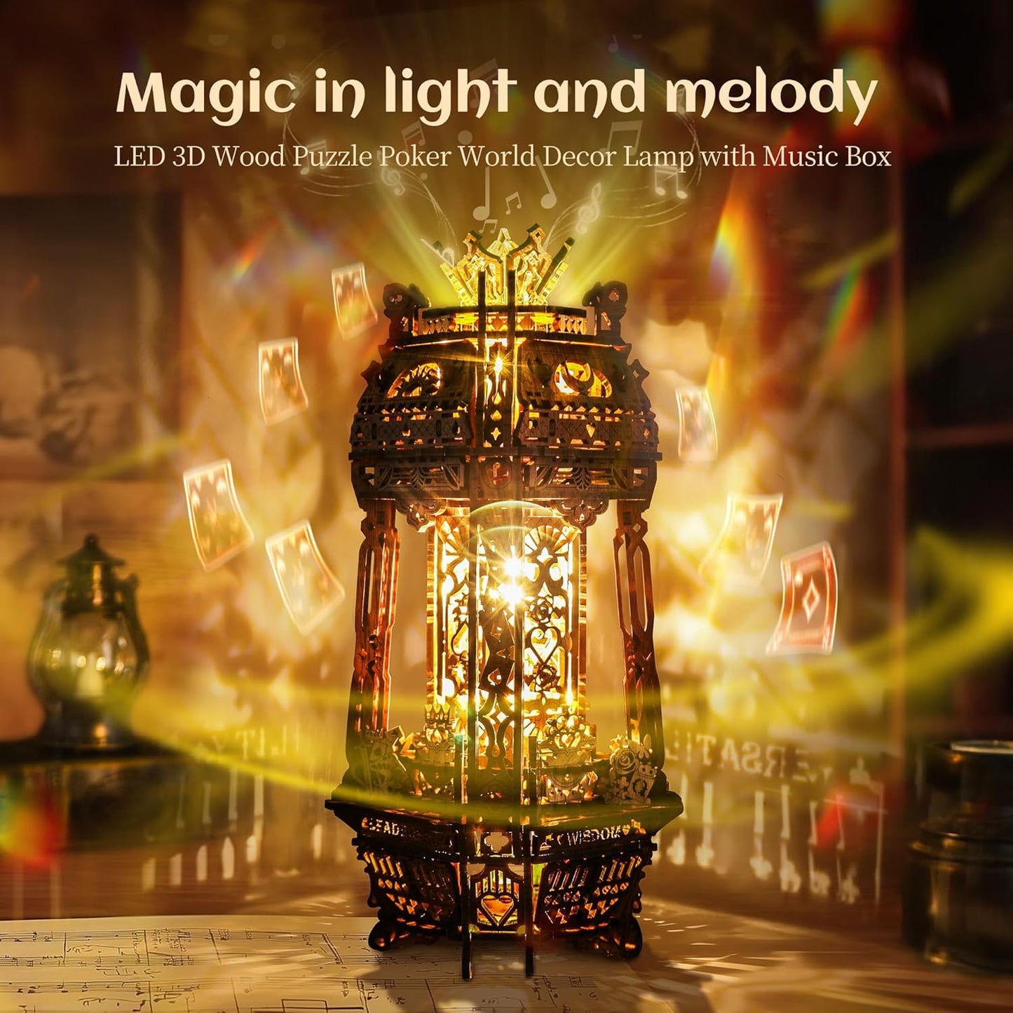 LED 3D Wood Puzzle Poker World Projector Lamp – DIY Craft Kit with LED Lights and Music Box – Creative Poker-Themed Lamp, Nightlight Gift for Home Décor (Black Walnut)