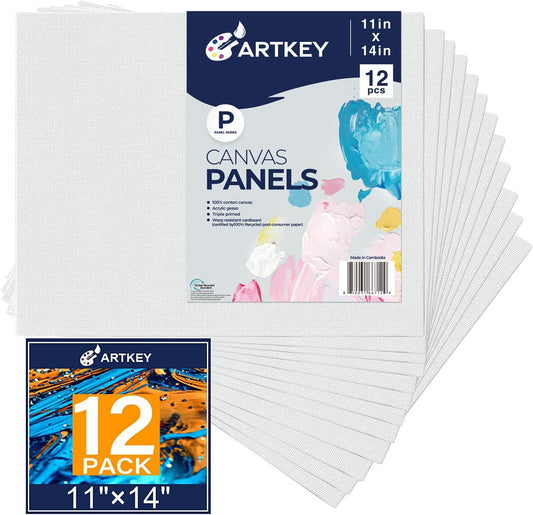 Canvas Panels 11x14 Inch 12-Pack, 10 oz Primed 100% Cotton Canvases for Painting, White Blank Flat Canvas Boards for Oil Acrylics Watercolor Tempera Paints