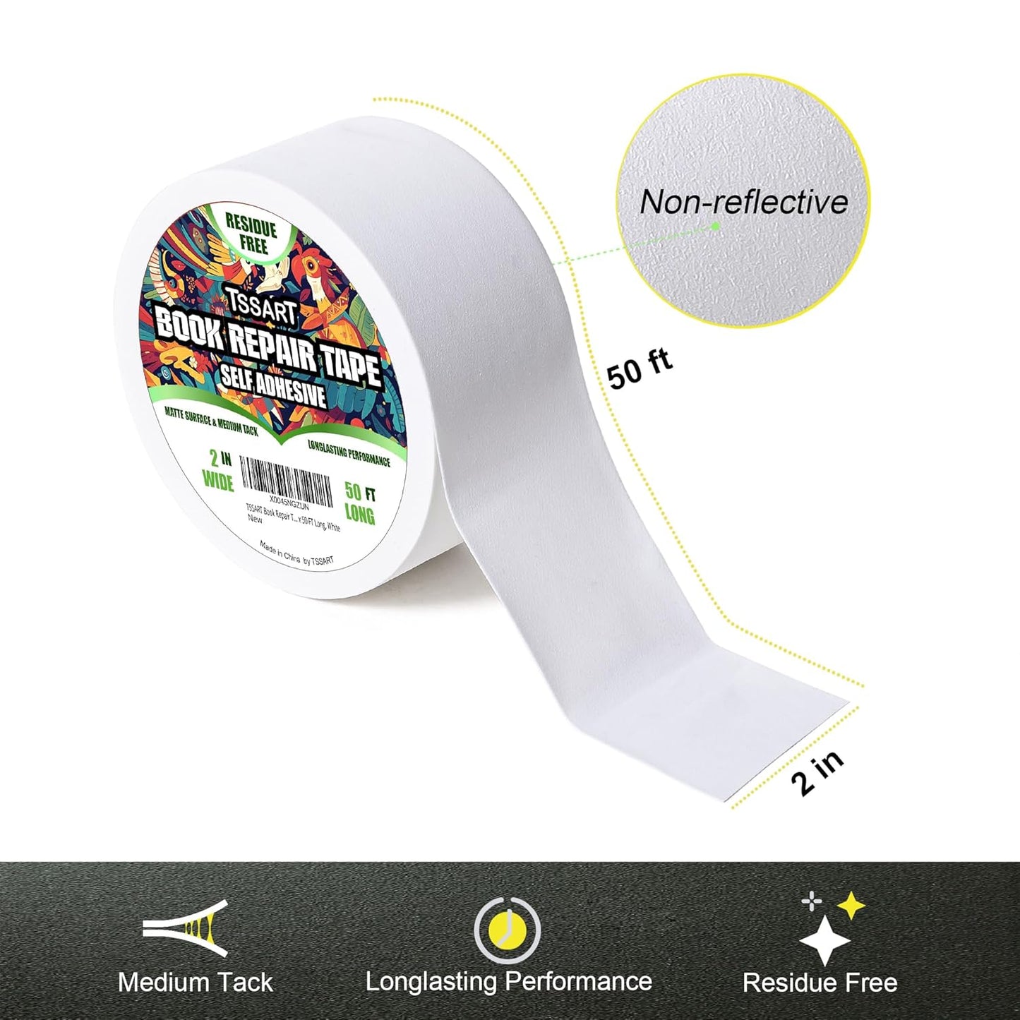 Book Repair Tape - Self Adhesive Matte Book Binding Tape for Reinforcing Protecting, and Covering Mending Books Old Books - 2 Inch Wide x 50 FT Long, White