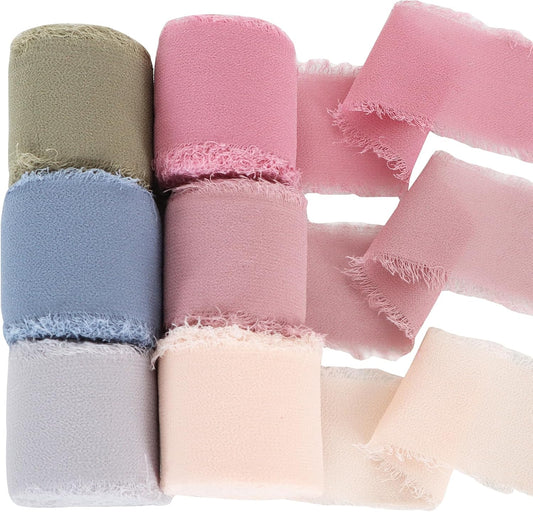 TONIFUL 6 Rolls Morandi Set Chiffon Ribbon 1 1/2 Inch 5 Yards Silk Fabric for Gift Wrapping, Wedding Party Decoration, Flower Bouquet, Bows Making, DIY Crafts