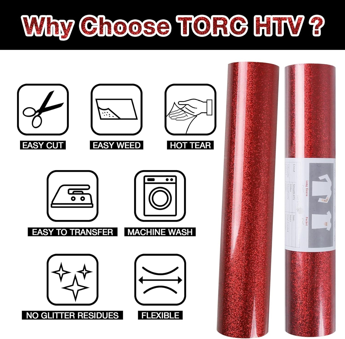 TORC Red Glitter HTV Heat Transfer Vinyl Roll 12 inch x 20 ft Iron on Vinyl for T Shirts Crafts Bulk