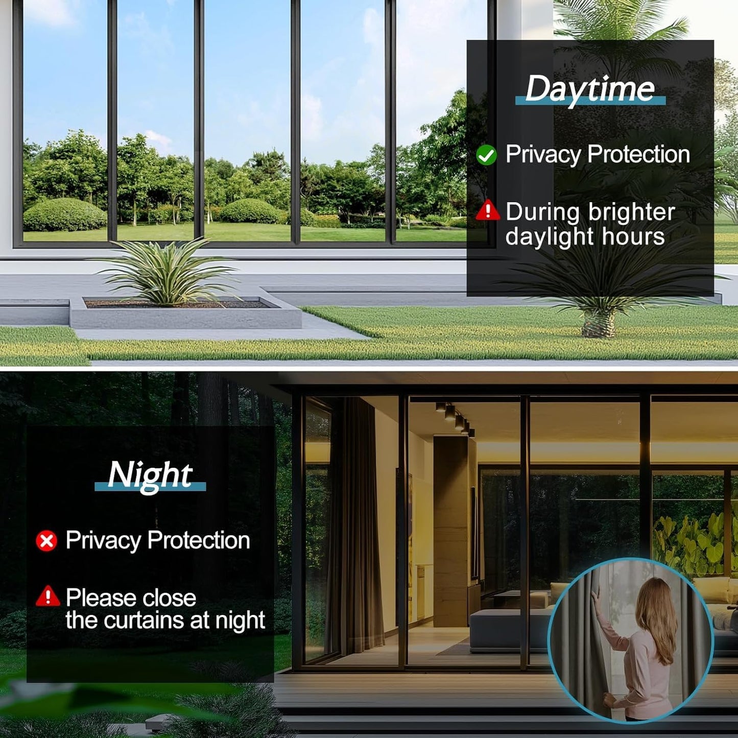 DOWELL One Way Window Privacy Film with 3 Tools Window Tint for Home Sun Blocking Heat Control Anti UV Reflective Mirror Covering See Out Not in for House and Office Black Silver 17.5" X 78.7"