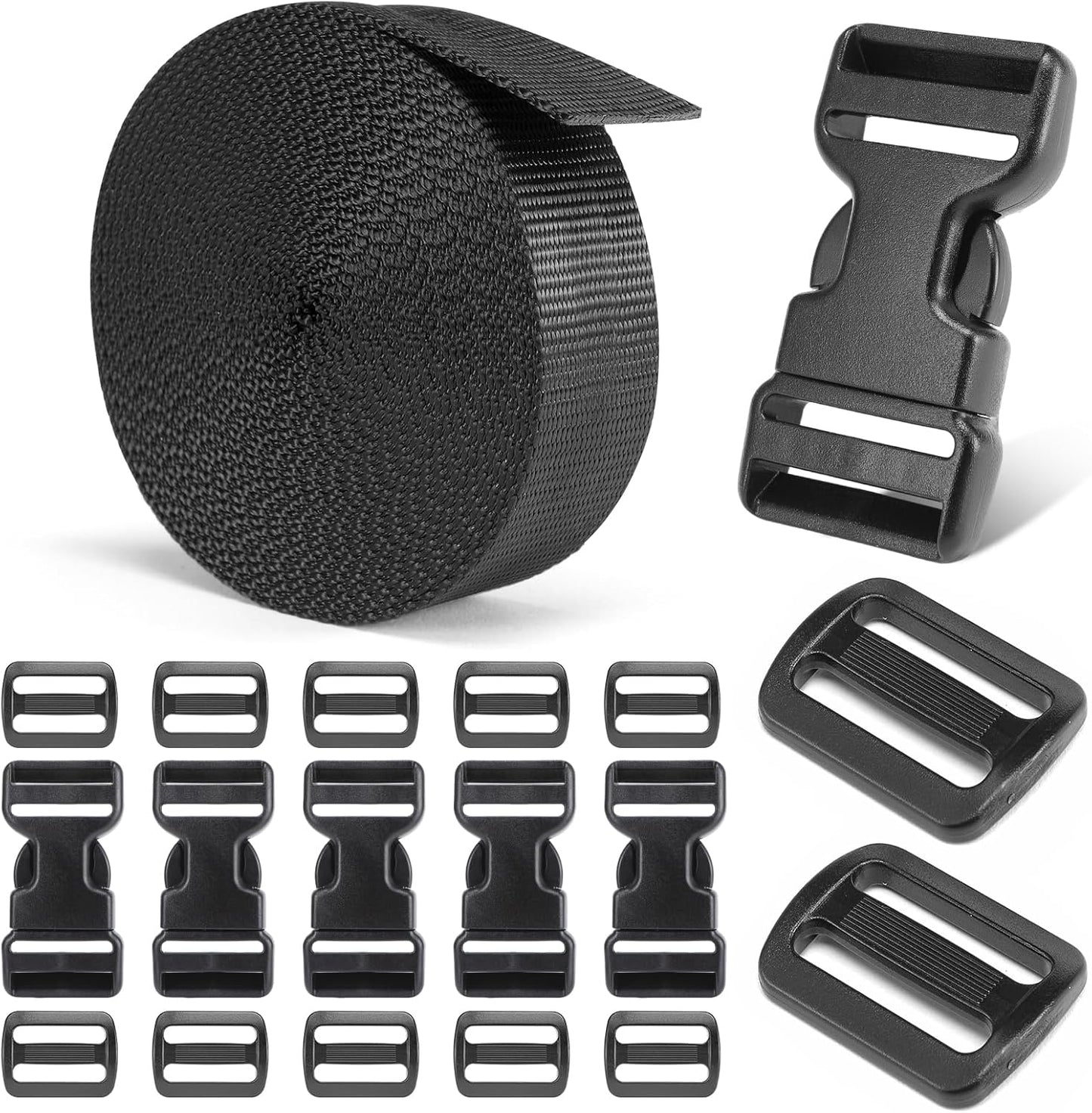 Heavy-Duty Buckles and Strap Set 1-1/4": 6 Yards of Thick Nylon Webbing, 6-Pack Adjustable Quick Side Release Plastic Buckles, 12 Tri-Glide Slide Clips, Black (1 1/4 Inch Combo Set)