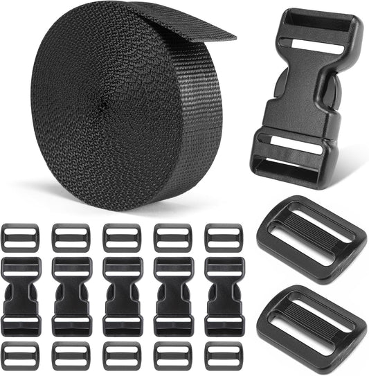 Heavy-Duty Buckles and Strap Set 1-1/4": 6 Yards of Thick Nylon Webbing, 6-Pack Adjustable Quick Side Release Plastic Buckles, 12 Tri-Glide Slide Clips, Black (1 1/4 Inch Combo Set)