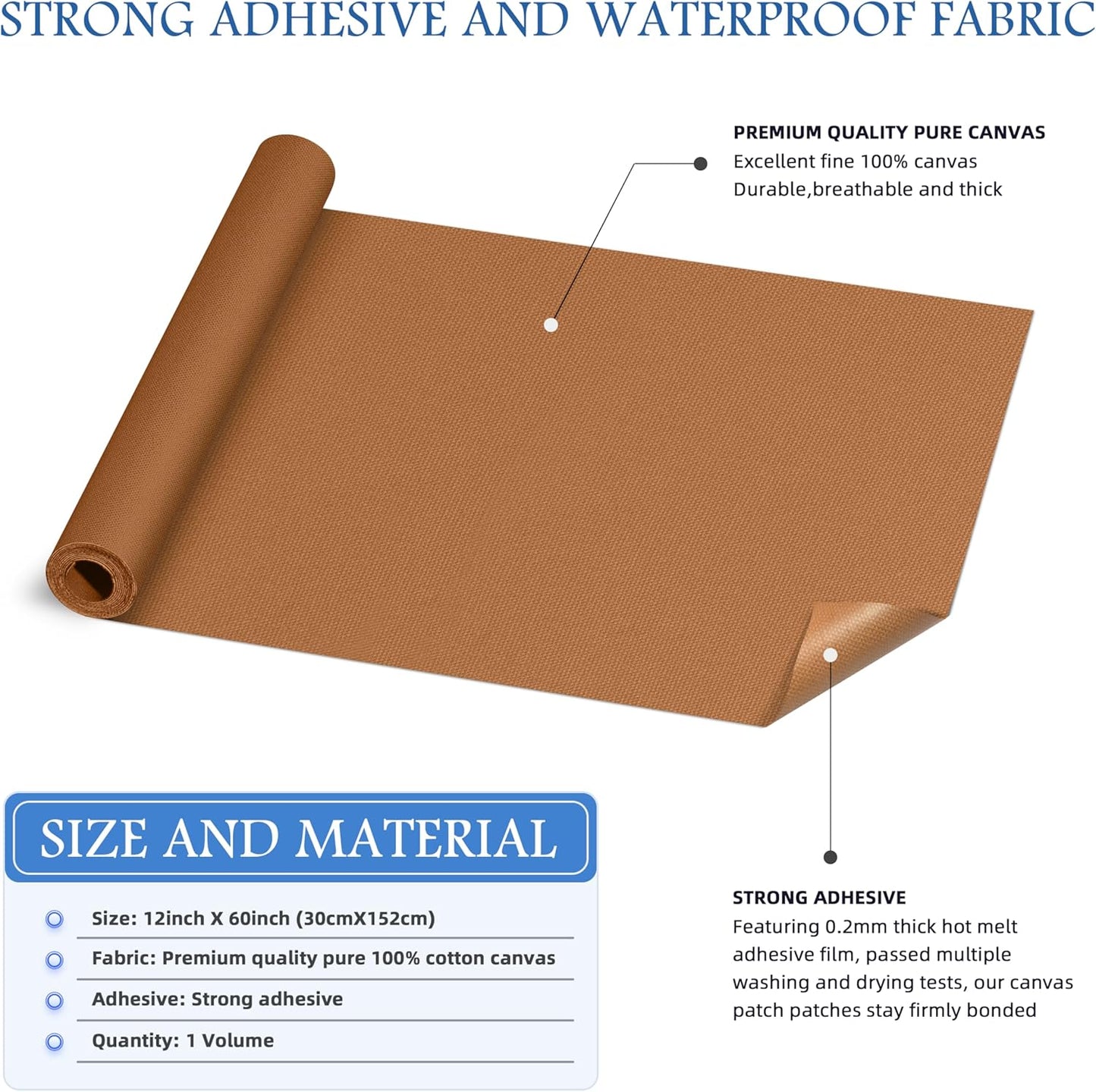 KING MOUNTAIN Canvas Iron on Patch,12"×60",Waterproof 100% Cotton Fabric Repair Patch,Used for Various Sofa,Tent,Clothes,Seats,Suitcases (Brown,Waterproof)