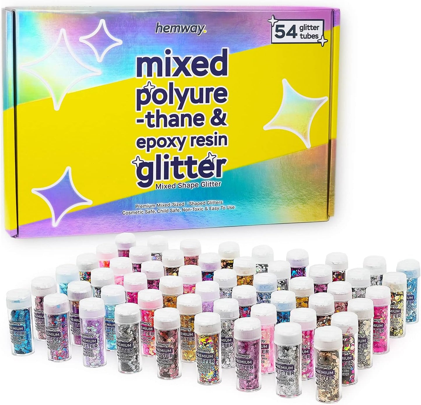 Hemway Mixed Polyurethane & Epoxy Resin Glitter Box (Pack of 54) | Metallic Flakes Shaker Set for Arts & Crafts | Assorted Colour Craft Supplies for Making Cards, Jewellery, Tumblers & Coasters