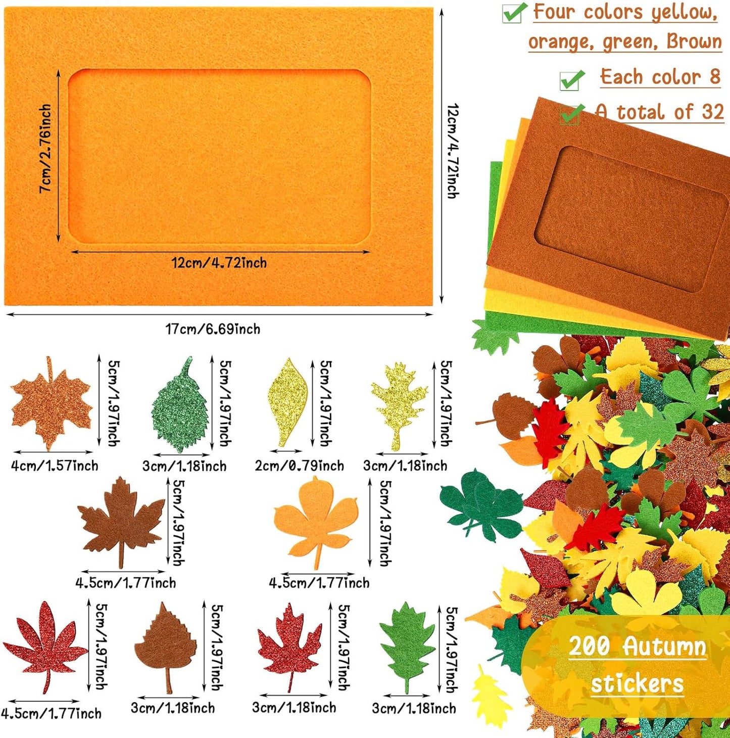 Ferraycle 232 Pcs Fall DIY Picture Frames Craft Kit Thanksgiving Felt Photo Frames with Leaves Pumpkin Harvest Crafts with Foam Stickers for Autumn Party Favor(Mix Color,Leaf)