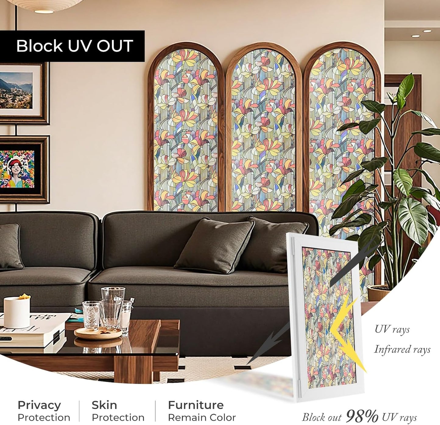 Window Privacy Film, Frosted Glass Decorative Static Cling, Removable Sun Blocking Vinyl Covering, Window Film for Home Kitchen Living Room Bathroom, Glazed Flower Shadows, 17.5" x 78.7 "