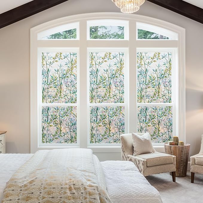 NINETREX Window Privacy Film Stained Glass Window Film 3D Decorative Cling,Sun Blocking Static Cling Removable Film for Glass Door,Home Decor Window Cover Non-Adhesive 17.5 x 78.7 inches,Leaf