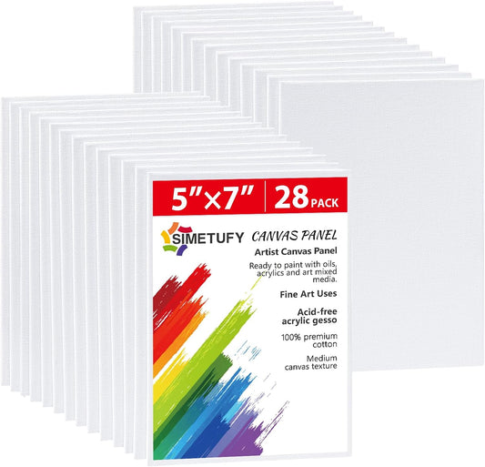 Simetufy 28 Pack Canvas Boards for Painting 5 x 7 inch, Blank Canvas Panels- Gesso Primed Acid-Free 100% Cotton for Acrylics Oil Watercolor Tempera Paints