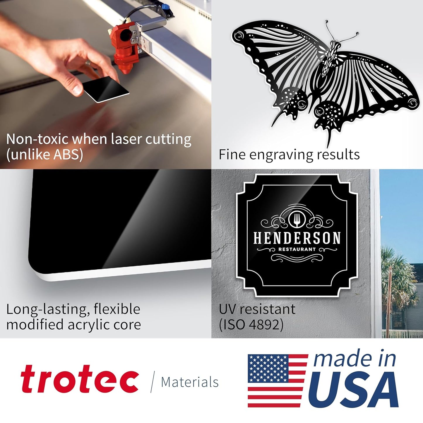 Trotec TroLase | 12"x20"x1/16", 4 Pcs | Gloss Black/White | 2 Ply | Modified Acrylic | Laser Engraving Double Color Plastic Sheet | Engraving Blanks for Laser, Saw, Guillotine | Made in USA