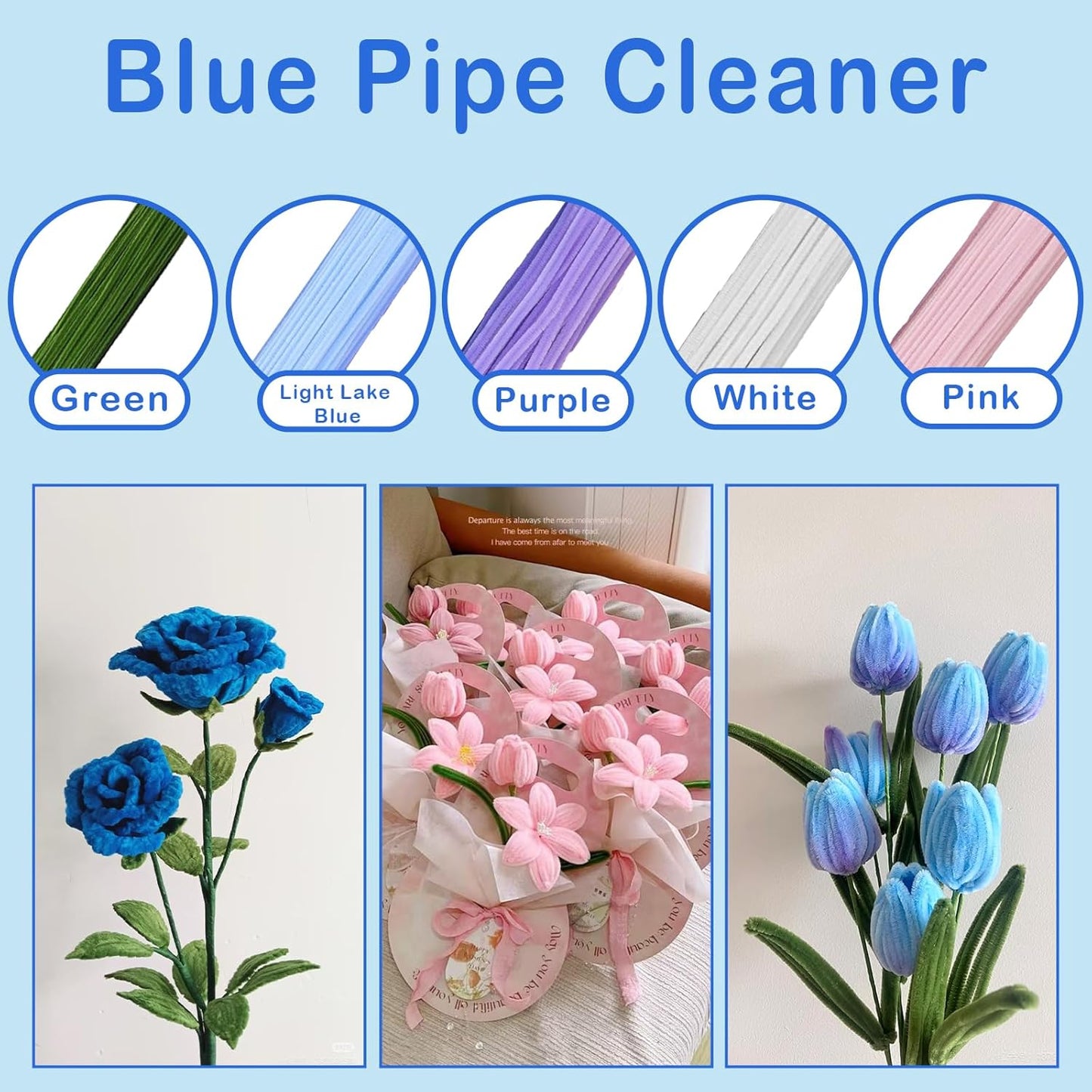 600Pcs Pipe Cleaners Craft,Multiple Assorted Colors Pipe Cleaners Bulk, Chenille Stems for DIY Flower Making Kit with Floral Wires, Gardening Tape,Stamen& Ribbon (Blue)