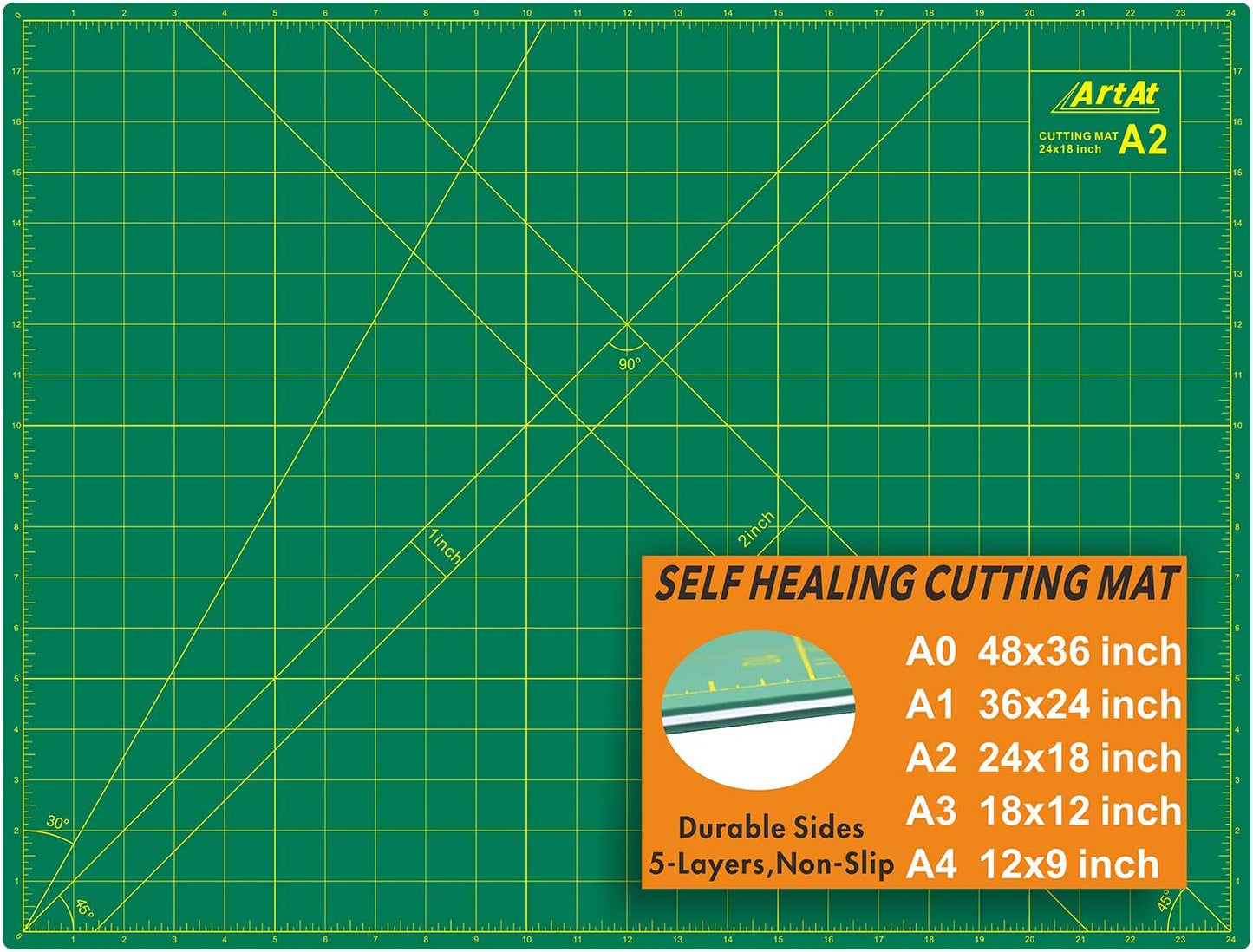 ArtAt Self Healing Cutting Mat: 18″x 24″ Green Double Sided, Non-Slip 5 Layers PVC Durable A2 Sewing Craft Mat for Rotary Cutter, Use for Quilting, Scrapbooking and Craft & Art Projects…