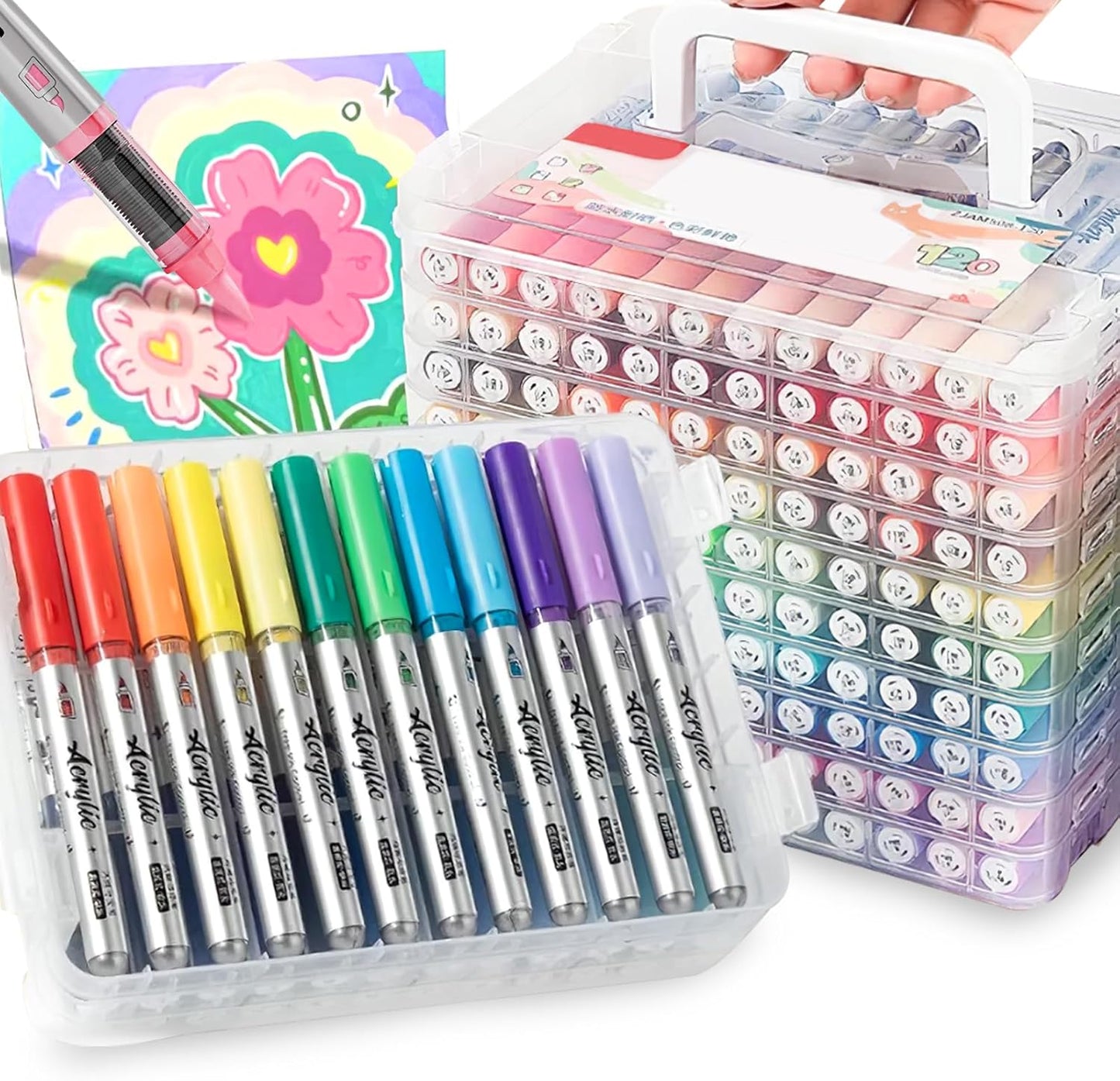 Woomer 120 Colors Acrylic Marker Pens, Soft Brush Tip, No Bleed & High Opacity Paint Pens, Water-based Non-toxic Acrylic Marker for Wood, Fabric, Rock, Glass, DIY Crafts Gift