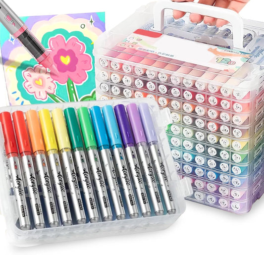 Woomer 120 Colors Acrylic Marker Pens, Soft Brush Tip, No Bleed & High Opacity Paint Pens, Water-based Non-toxic Acrylic Marker for Wood, Fabric, Rock, Glass, DIY Crafts Gift
