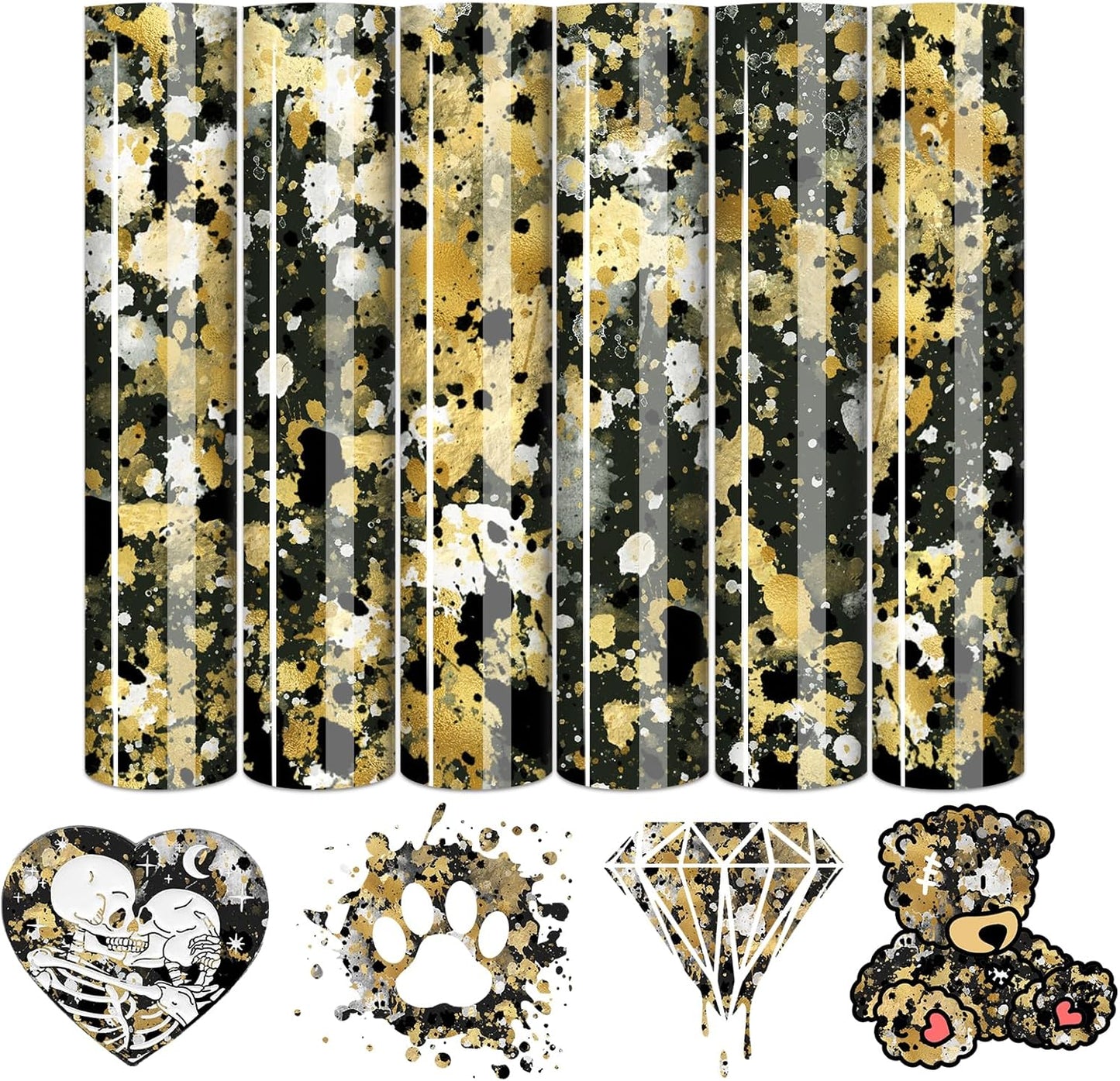 Tintnut Black Gold Splash Heat Transfer Vinyl - 6 Sheets 10"x12"Watercolor HTV Patterned HTV Iron On Vinyl for T-Shirts Hats Clothes,for Cricut & Silhouette Cameo