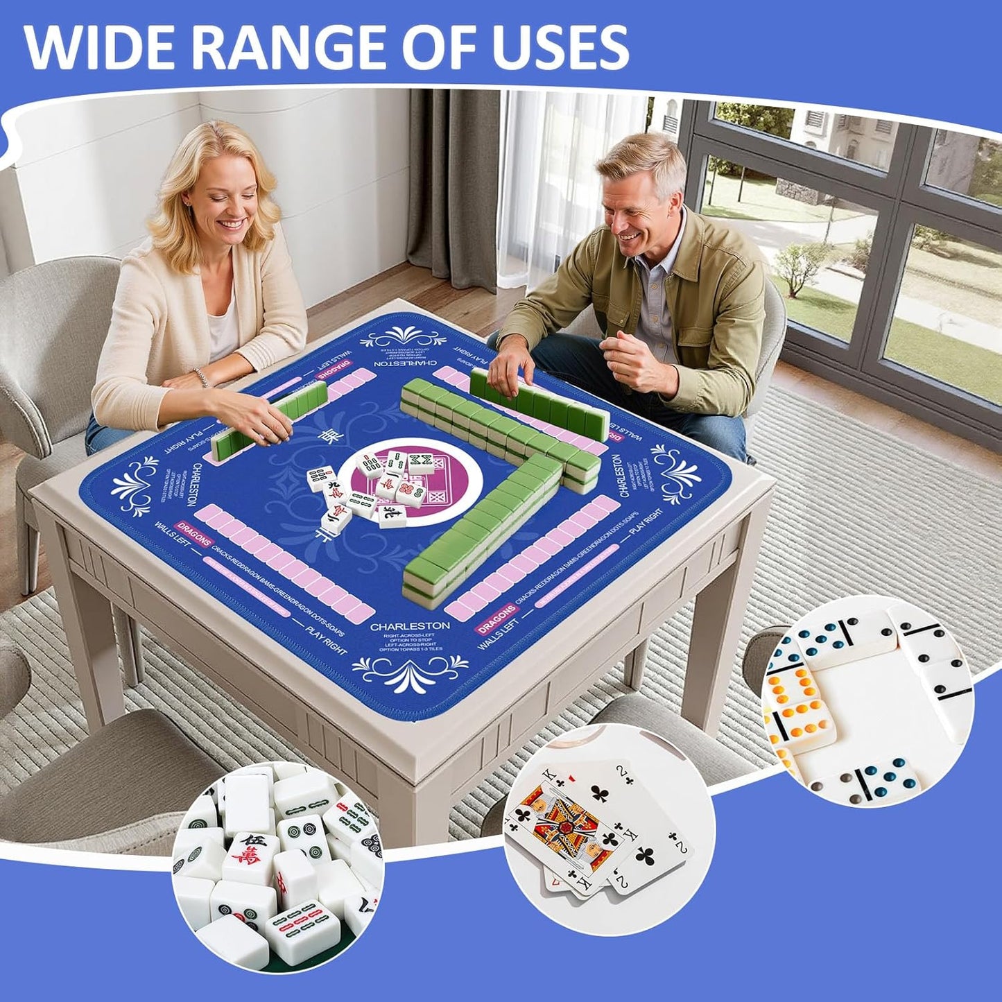 Mahjong Mat with Rules for Table with 6 Mahjong Playing Instructions,4 Mahjong Tile Mixer,4 Dice & Carrying Bag,Non-Slip and Silent Travel Mahjong Set for Mahjong/Poker/Board Games/Card Games/Dominoes