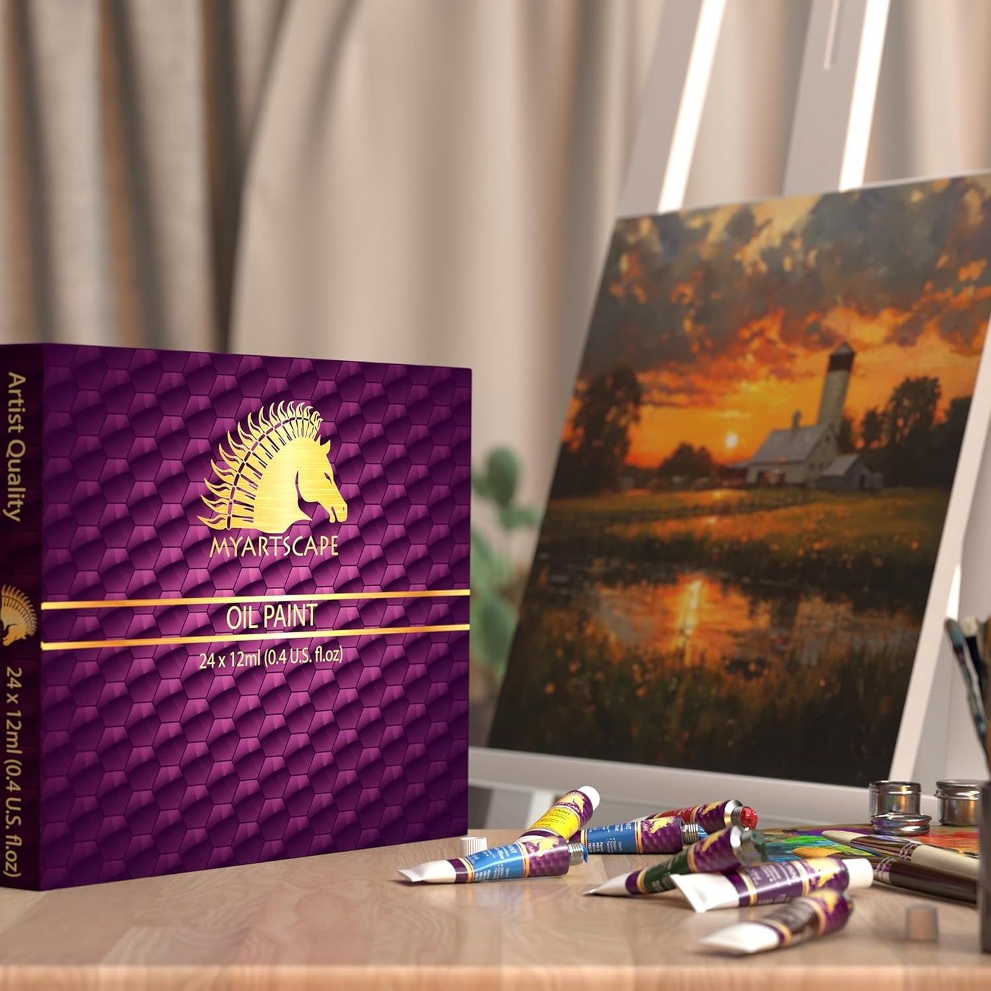 MyArtscape Oil Paint Set - 12ml x 24 Tubes - Lightfast - Heavy Body - Oil-based Colors - Great Pigment Load - Artist Quality Painting Supplies - Professional Craft Paints