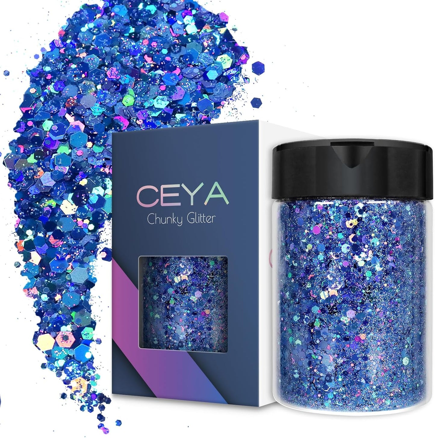 Ceya Holographic Chunky Glitter, 4.9oz/ 140g Royal Blue Craft Glitter Powder Mixed Chunky & Fine Flakes Iridescent Nail Sequins for Nail, Hair, Epoxy Resin, Tumblers, Slime, Painting, Festival Decor