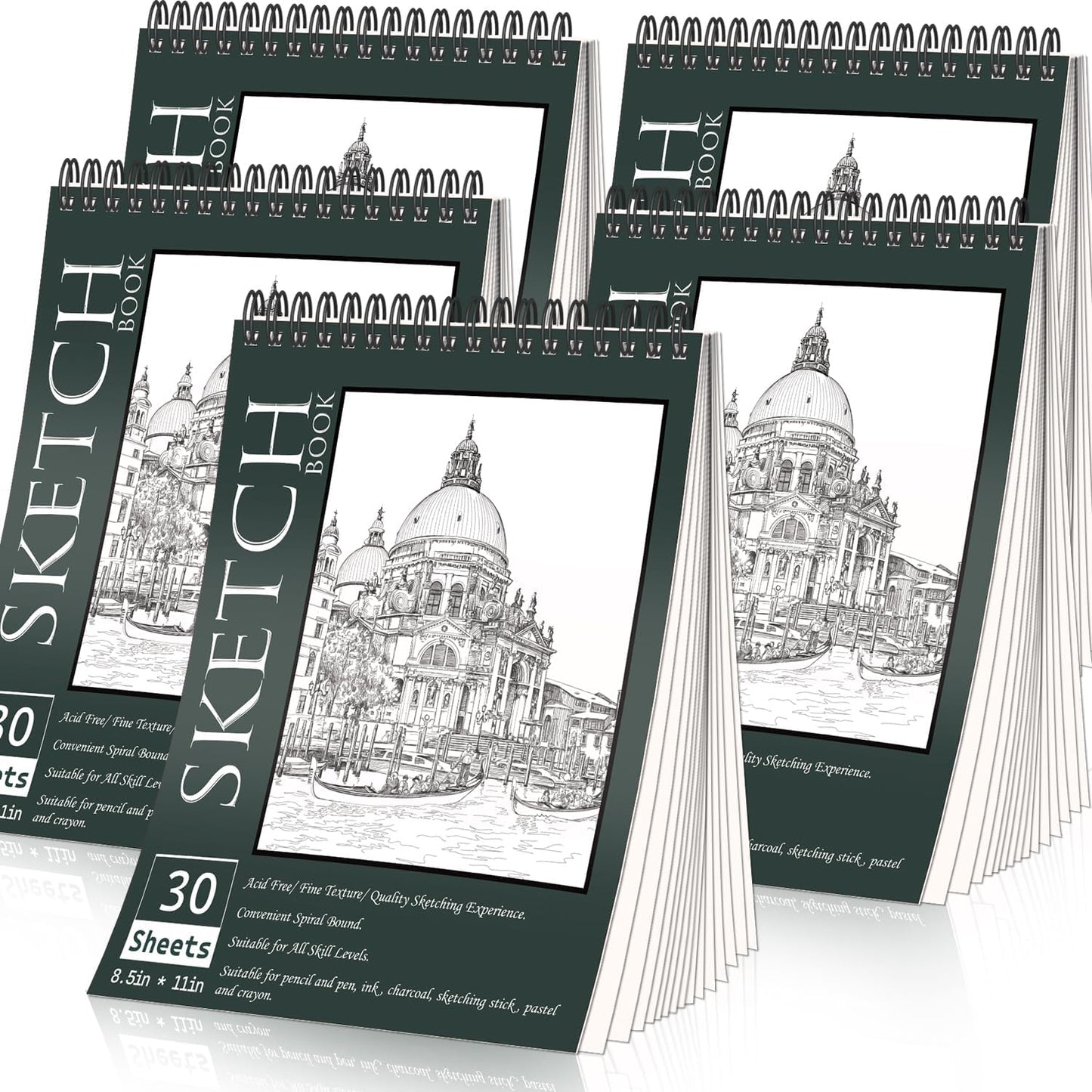 OSIMIG 5 Pack Sketch Book 8.5" x 11" Set, Top Spiral Bound Sketch Pad 150 Sheet Total (68lb/100gsm), Drawing Paper Pad, Sketch Book for Kids, Artist, Adult Art Supplies