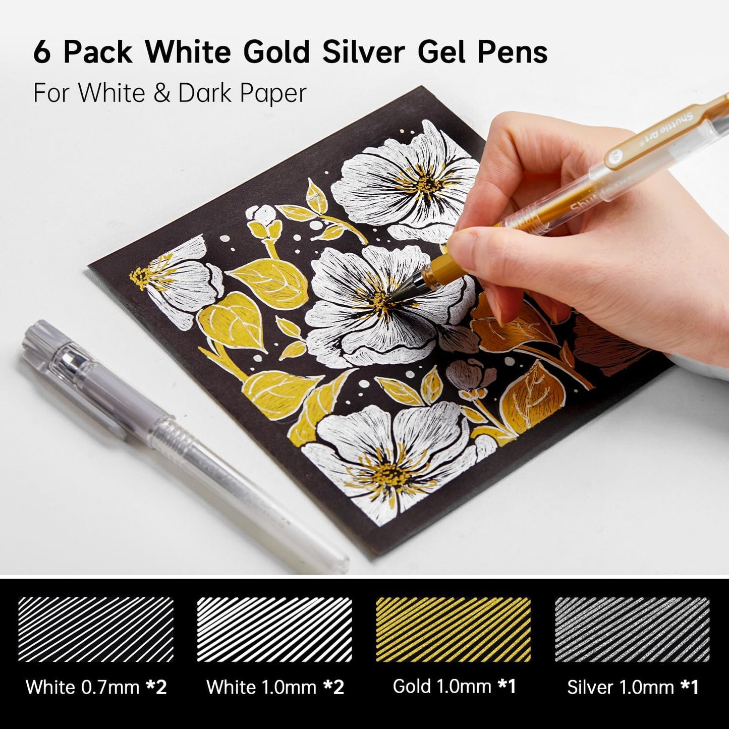Shuttle Art White Gold Silver Gel Pens, 6 Pack 0.7mm, 1.0mm Metallic Gel Ink Pens Fine Point for Black Paper Highlighting Card Making Scrapbooking Coloring Writing Drawing School Office Home