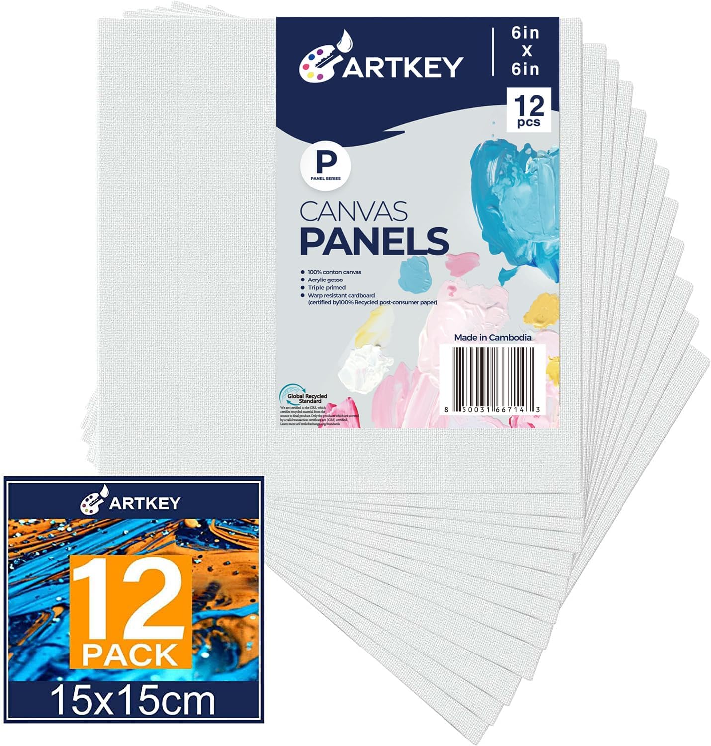 Artkey Canvas Panels 6x6 Inch 12-Pack, 10 oz Primed 100% Cotton White Blank Canvases for Painting, Square Flat Canvas Board for Oil Acrylics Watercolor & Tempera Paints