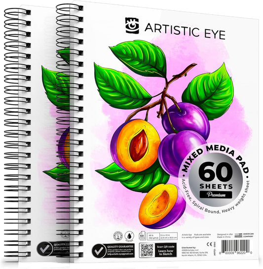 ARTISTIC EYE 9x12 Premium Mixed Media Sketchbooks: Pack of 2 (120 Sheets), 160 GSM, Spiral Bound Sketch Pads, Suitable for a Variety of Wet and Dry Media, Ideal for All Artists