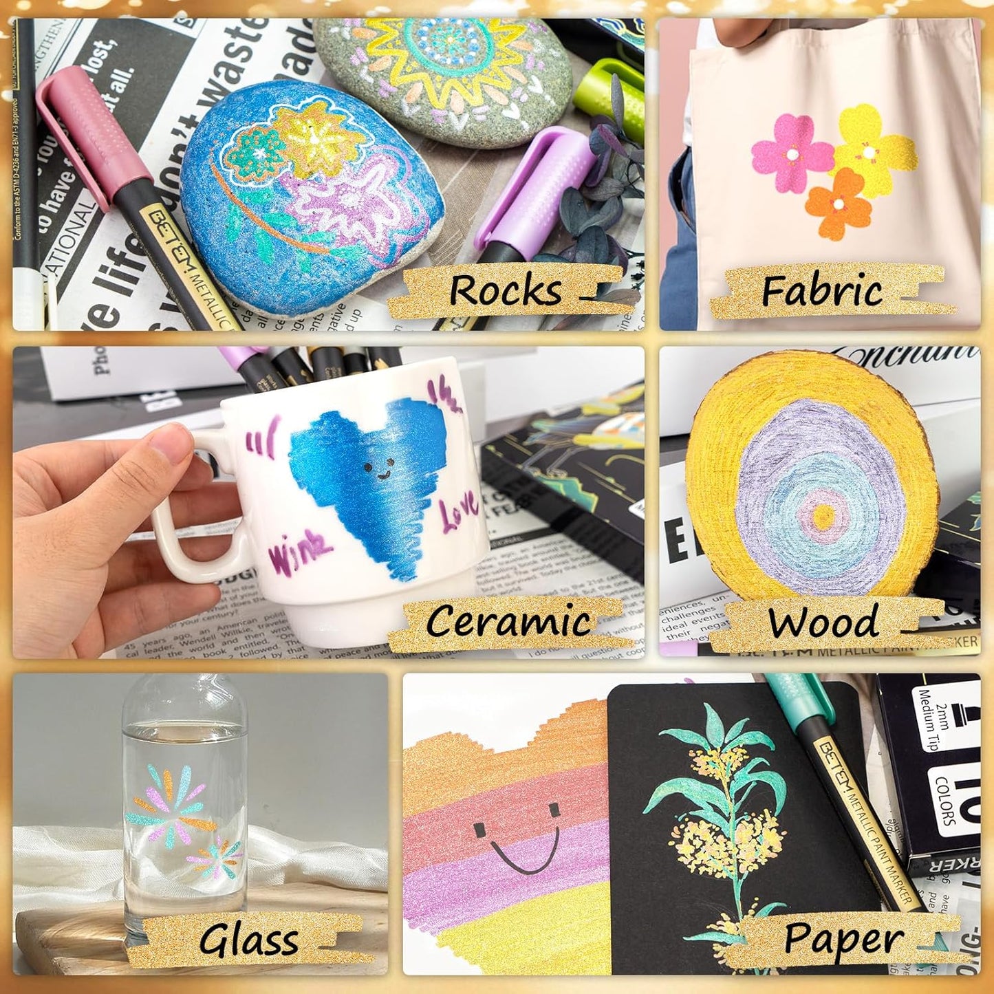 Betem Metallic Paint Markers, 10 Colors Acrylic Paint Metallic Markers for Black Paper, 2mm Medium Tips Glitter Pens Scrapbooking Supplies, Pumpkin Painting Kit for Rock Painting, Cards, Photo Albums