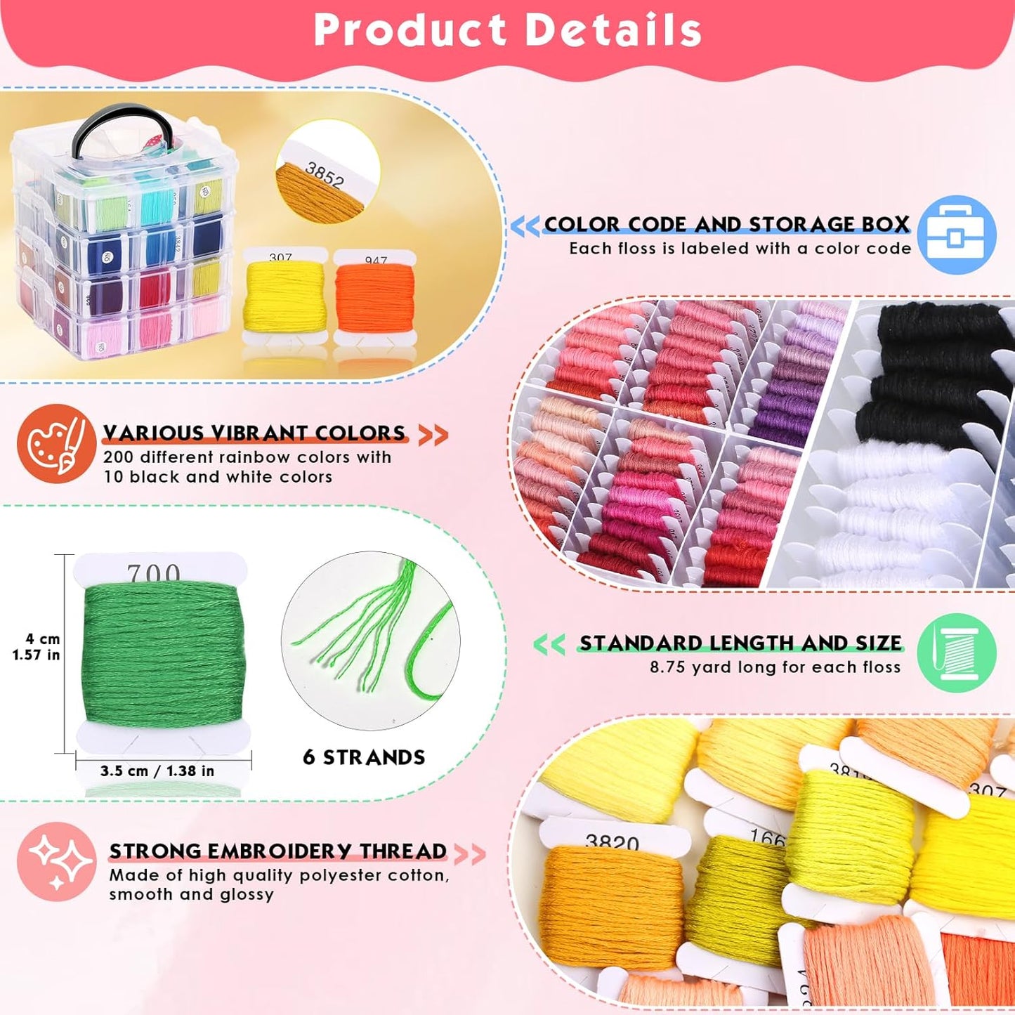 PAXCOO 276 Pack Embroidery Floss Thread Kit Including 210 Colors Cross Stitch Sewing Thread with 66 Pcs Embroidery Accessories and 4-Tier Transparent Embroidery Thread Storage Organizer Box