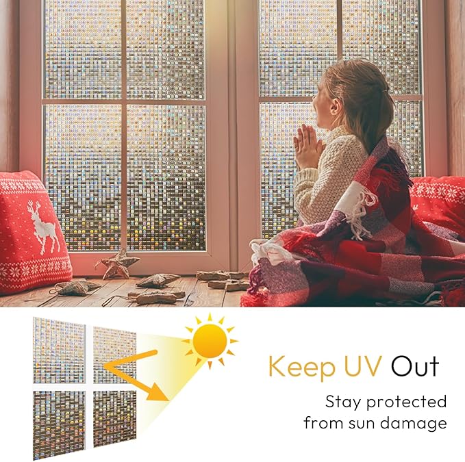 rabbitgoo Window Privacy Film Stained Glass Window Film, Mosaic Rainbow Decorative Glass Cling, Removable Static Cling Tint, Non-Adhesive Privacy Covering for Home, Brown, 17.5 x 157.4 inches