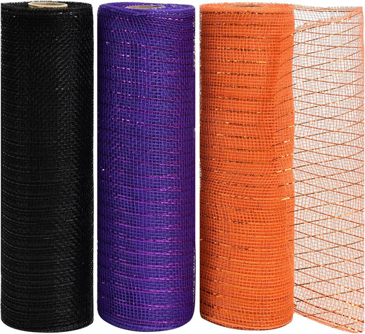 TONIFUL 10 Inch 3 Rolls Black/Orange/Purple Decorative Mesh Ribbons, Fabric Mesh for Tree Home Front Door Wreaths Decorations Supplies, for Halloween Decorations（3 Colors, 10yards/ roll）
