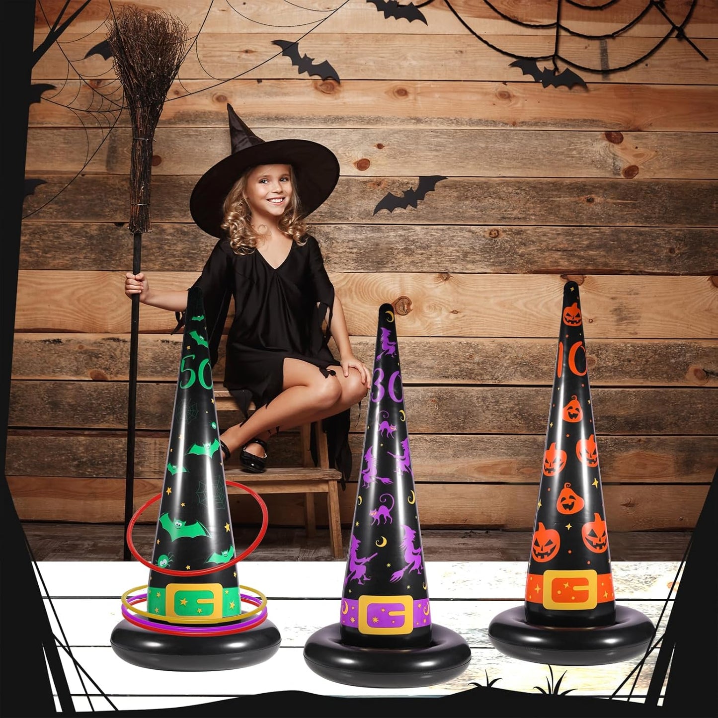 Halloween Ring Toss Game Set, 5Pcs Inflatable Witch Hats with 10Pcs Colorful Plastic Rings and Air Pump for Halloween Party Games Super Fun Indoor Outdoor Party Supplies
