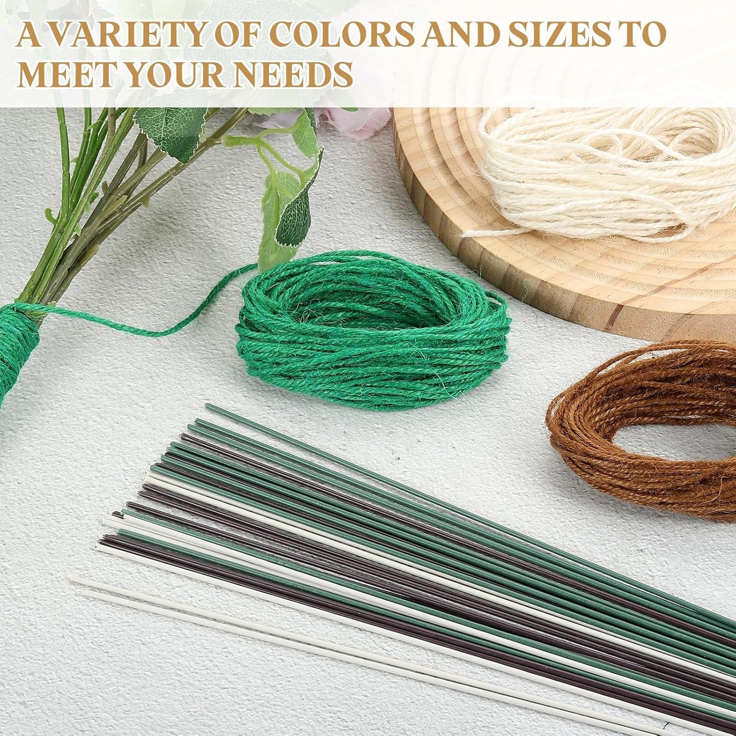 uxcell 50Pcs 2 Gauge Floral Wire, 15.75" Length Flower Stem Wires with 0.08" x 32.8ft Twine for Wreath Making, Flower Arrangement, Brown